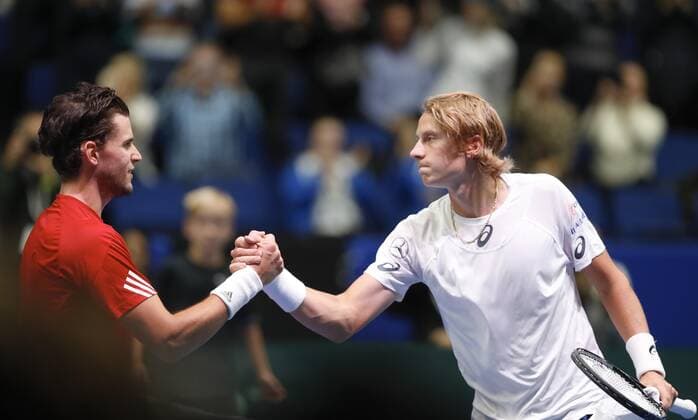 Dominic Thiem, AUT and Emil Ruusuvuori, FIN during the Tennis Davis Cup Finland - Austria Espoo Arena 14. September 2019 in Espoo, Finland. Match Rubber 4: Emil Ruusuvuori, FIN and Dominic Thiem, AUT, AUT. (Kalle Parkkinen Newspix24  Copyright: xKallexParkkinenx NP24_00751801