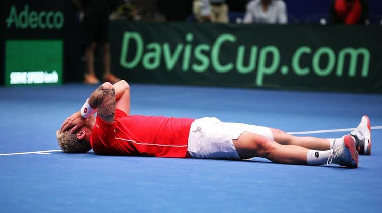 TENNIS - Davis Cup, FIN vs AUT ESPOO,FINLAND,14.SEP.19 - TENNIS - ITF Davis Cup, first round, Finland vs Austria. Image shows the rejoicing of Dennis Novak (AUT). GEPAxpictures xMatthiasxHauer