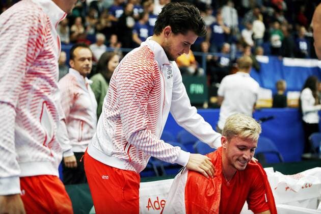 TENNIS - Davis Cup, FIN vs AUT ESPOO,FINLAND,14.SEP.19 - TENNIS - ITF Davis Cup, first round, Finland vs Austria. Image shows Dominic Thiem and Dennis Novak (AUT). GEPAxpictures xMatthiasxHauer