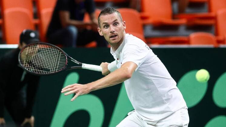 Zenica: Davis Cup: Bosnia and Herzegovina v. Czech Republic 14.09.2019., City Arena Husejin Smajlovic, Zenica, Bosna i Hercegovina - Davis Cup meeting between Bosnia and Herzegovina and the Czech Republic. Tennis match Tomislav Brkic - Jiri Vesely. Tomislav Brkic Bosnia and Herzegovina, Zenica  ArminxDurgut PIXSELL