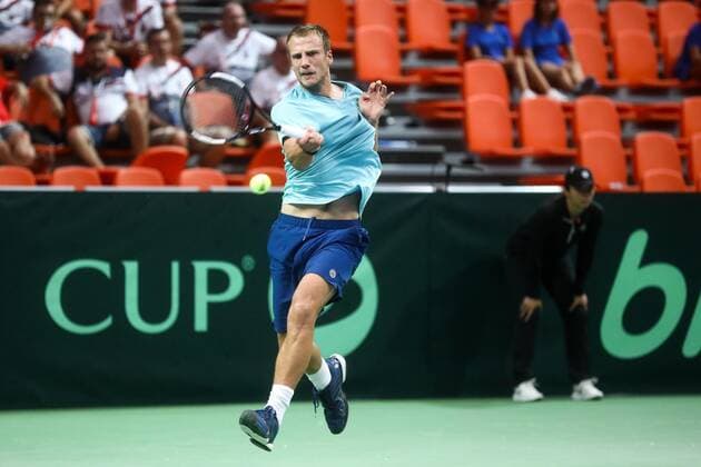 Zenica: Davis Cup: Bosnia and Herzegovina v. Czech Republic 14.09.2019., City Arena Husejin Smajlovic, Zenica, Bosna i Hercegovina - Davis Cup meeting between Bosnia and Herzegovina and the Czech Republic. Tennis match Mirza Basic - Jonas Forejtek. Mirza Basic Bosnia and Herzegovina, Zenica  ArminxDurgut PIXSELL