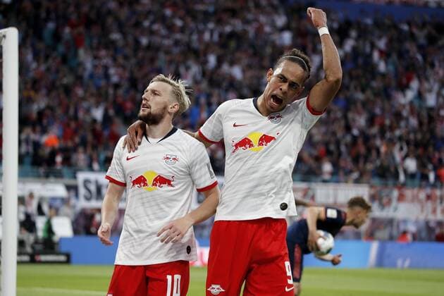 FORSBERG Emil Team RB Leipzig cheers after his goal for 1 1 equalization with POULSEN Yussuf DFL Football Bundesliga Season 2019 2020 Match RB Leipzig FC Bayern Muenchen 1 1 on 14 09 2019 in Leipzig DFL REGULATIONS PROHIBIT ANY USE OF PHOTOGRAPHS as IMAGE SEQUENCES and or QUASI VIDEO