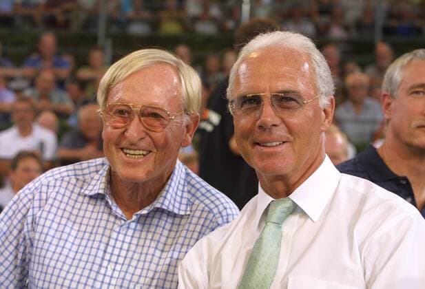 Rudi GUTENDORF-Trainer Legende im Alter von 93 Jahren gestorben. Archivfoto; Jubilaeumssendung 40 Jahre Das Aktuelle Sportstudio (ZDF) am 23. August 2003 um 22.50 Uhr, Gaeste der Sendung: Fussball-Trainer Rudi GUTENDORF (links) und Franz BECKENBAUER, 12.08.2003. *** Rudi GUTENDORF Coach Legend died at the age of 93 Archive photo Anniversary broadcast 40 years The current sports studio ZDF on 23 August 2003 at 22 50 Uhr, Guests of the broadcast Football coach Rudi GUTENDORF left and Franz BECKENBAUER, 12 08 2003