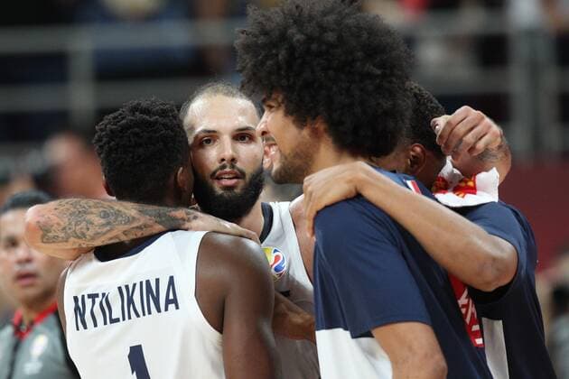 FRANK NTILIKINA, EVAN FOURNIER, LOUIS LABEYRIE of France in action during basketball World Cup 2019 bronze match against Australia at Wukesong Cadillak arena, Beijing 14.09.2019. MarkoxMetlas 
