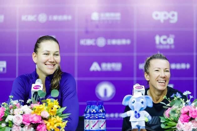 ZHENGZHOU, CHINA - SEPTEMBER 15: Nicole Melichar of United States and Kveta Peschke of Czech Republic attend a press conference, PK, Pressekonferenz after winning the doubles final match against Yanina Wickmayer of Belgium and Tamara Zidansek of Slovenia on day seven of Zhengzhou Open 2019 at Zhongyuan Tennis Training Base Management Center on September 15, 2019 in Zhengzhou, Henan Province of China.  Copyright: xVCGx CFP111249287300 