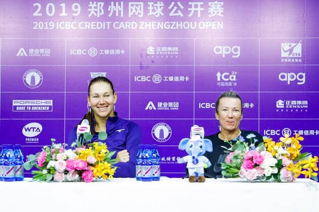 ZHENGZHOU, CHINA - SEPTEMBER 15: Nicole Melichar of United States and Kveta Peschke of Czech Republic attend a press conference, PK, Pressekonferenz after winning the doubles final match against Yanina Wickmayer of Belgium and Tamara Zidansek of Slovenia on day seven of Zhengzhou Open 2019 at Zhongyuan Tennis Training Base Management Center on September 15, 2019 in Zhengzhou, Henan Province of China.  Copyright: xVCGx CFP111249287302 