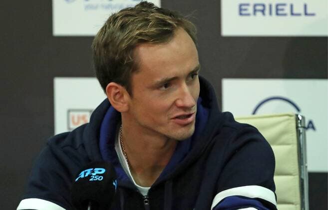 ST PETERSBURG, RUSSIA - SEPTEMBER 15, 2019: Tennis player Daniil Medvedev at a press conference, PK, Pressekonferenz on the 24th St Petersburg Open, a tournament scheduled to start on September 16 at Sibur Arena as part of the 2019 ATP, Tennis Herren Tour. Alexander Demianchuk TASS  TS0BADF0