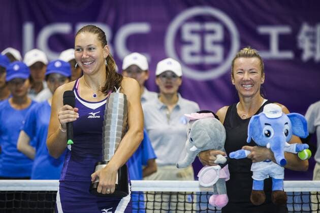 ZHENGZHOU, CHINA - SEPTEMBER 15: Nicole Melichar of United States and Kveta Peschke of Czech Republic celebrate with their trophy after winning the doubles final match against Yanina Wickmayer of Belgium and Tamara Zidansek of Slovenia on day seven of Zhengzhou Open 2019 at Zhongyuan Tennis Training Base Management Center on September 15, 2019 in Zhengzhou, Henan Province of China.  Copyright: xVCGx CFP111249283465 