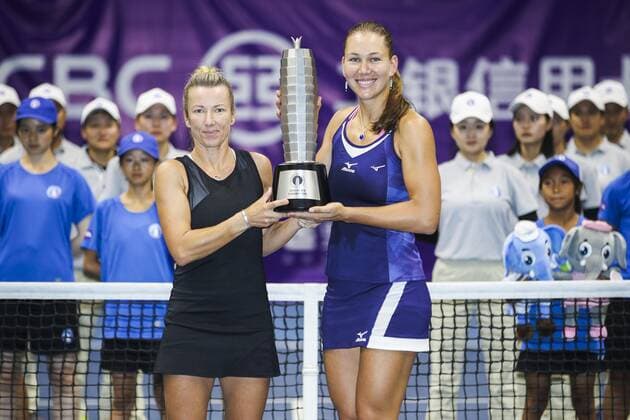 ZHENGZHOU, CHINA - SEPTEMBER 15: Nicole Melichar of United States and Kveta Peschke of Czech Republic celebrate with their trophy after winning the doubles final match against Yanina Wickmayer of Belgium and Tamara Zidansek of Slovenia on day seven of Zhengzhou Open 2019 at Zhongyuan Tennis Training Base Management Center on September 15, 2019 in Zhengzhou, Henan Province of China.  Copyright: xVCGx CFP111249283469 