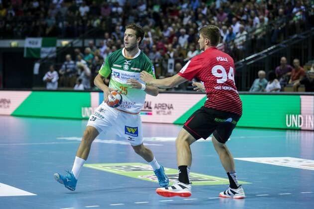 Germany,Wetzlar, Rittal Arena, 15 09 2019, Handball,1 Liqui Moly HBL Bundesliga, 5 Matchday, HSG Wetzlar HSG Nordhorn Lingen Picture v li Olle Forsell Schefvert HSG Wetzlar, 25 ,Georg Poehle Nordhorn Lingen, 94 Copyright: HMBxMedia ThomasxJäger