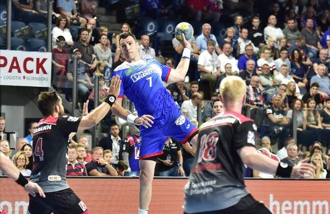 15 09 2019 Handball 1 Bundesliga DKB HBL Season 2019 2020 05 Matchday HC Erlangen Metropolitan Region Nuremberg HCE TBV Lemgo Lippe OGo Quentin Minel 34, HC Erlangen HCE Isaias Guardiola 7, TBV Lemgo