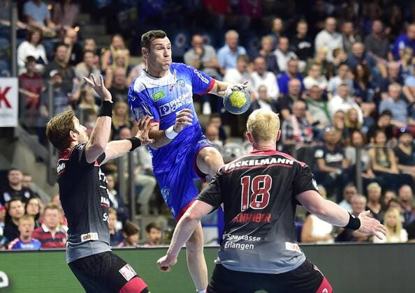 15 09 2019 Handball 1 Bundesliga DKB HBL Season 2019 2020 05 Matchday HC Erlangen Metropolregion Nürnberg HCE TBV Lemgo Lippe OGo Michael Haaß Haass 13, HC Erlangen HCE Isaias Guardiola 7, TBV Lemgo Sebastian Firnhaber 18, HC Erlangen HCE
