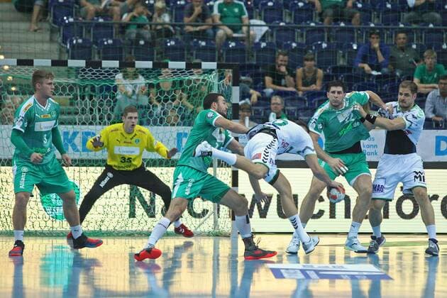 SC DHfK Leipzig vs. FA Goeppingen, Liqui Moly HBL, 15 09 19 Handball, 1 Bundesliga, season 2019 2020, 5 matchday SC DHfK Leipzig vs. FRISCH AUF Goeppingen on 15 09 19 in the Arena Leipzig In the picture from left Franz SEMPER 3, SC DHfK Leipzig , Goalkeeper Joel BIRLEHM 35, SC DHfK Leipzig , Bastian ROSCHECK 19, SC DHfK Leipzig , Sebastian HEYMANN 10, FA Goeppingen , Marko MAMIC 22, SC DHfK Leipzig , Kresimir KOZINA 44, FA Goeppingen Copyright: xBEAUTIFULxSPORTS JanxKaeferx