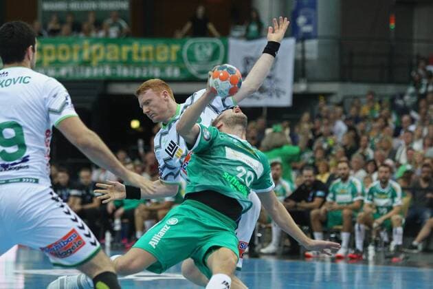 SC DHfK Leipzig vs. FA Goeppingen, Liqui Moly HBL, 15 09 19 Handball, 1 Bundesliga, Season 2019 2020, 5 Matchday SC DHfK Leipzig vs. FRISCH AUF Goeppingen on 15 09 19 in the Arena Leipzig In the picture Philipp WEBER 20, SC DHfK Leipzig fouled by Nicolai THEILINGER 3, FA Goeppingen Copyright: xBEAUTIFULxSPORTS JanxKaeferx