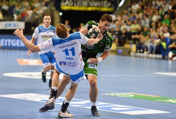 Mijajlo Marsenic Füchse , with ball, front Adam Lönn Stuttgart , Füchse Berlin TVB Stuttgart 1 Bundesliga, DKB Handballbundesliga, 2019 2020 Men, Men, Men, Handball, Germany, Germany, Max Schmeling Halle Berlin, 15 9 2019