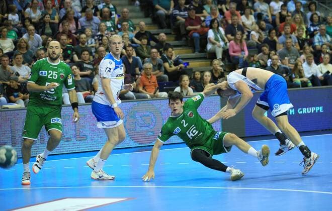 GER, DHB, 1 HBL, FUECHSE BERLIN VS TVB Stuttgart 15 09 2019, Max Schmeling Halle, Berlin, GER, DHB, 1 HBL, FUECHSE BERLIN VS TVB Stuttgart, DHB regulations prohibit any use of photographs as image sequences and or quasi video in picture Simon Ernst Fuechse Berlin 2 , Michael Mueller Fuechse Berlin 25 , Adam Loenn Stuttgart 11 , Elvar Asgeirsson Stuttgart 4 nordphotox xEngler nph00076