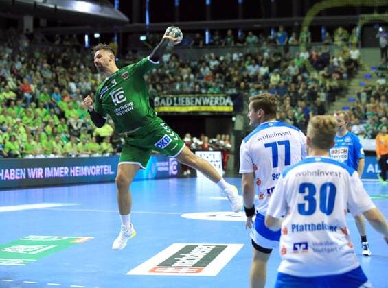 GER, DHB, 1 HBL, FUECHSE BERLIN VS TVB Stuttgart 15 09 2019, Max Schmeling Halle, Berlin, GER, DHB, 1 HBL, FUECHSE BERLIN VS TVB Stuttgart, DHB regulations prohibit any use of photographs as image sequences and or quasi video in picture Fabian Wiede Fuechse Berlin 3 , David Schmidt Stuttgart 77 , Sascha Pfattheicher Stuttgart 30 nordphotox xEngler nph00076