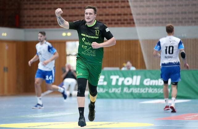 v li Ian Hüter TSV Bayer Dormagen , Patrick Schmidt DJK Rimpar Wölfe cheers, Benjamin Richter TSV Bayer Dormagen , 15 09 2019, Würzburg Germany , Liqui Moli 2 Handball Bundesliga, DJK Rimpar Wölfe TSV Bayer Dormagen xfskrx
