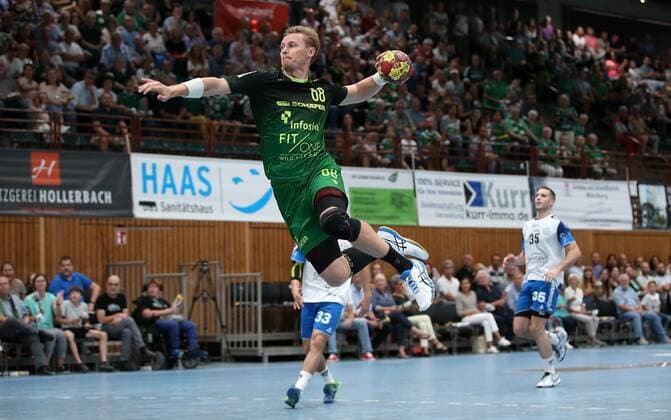 v li Julian Sauer DJK Rimpar Wölfe , Carl Löfström TSV Bayer Dormagen , Ante Grbavac TSV Bayer Dormagen , 15 09 2019, Würzburg Germany , Liqui Moli 2 Handball Bundesliga, DJK Rimpar Wölfe TSV Bayer Dormagen xfskrx