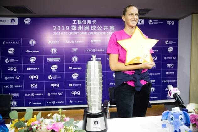 ZHENGZHOU, CHINA - SEPTEMBER 15: Karolina Pliskova of Czech Republic attends a press conference, PK, Pressekonferenz after the singles final match against Petra Martic of Croatia on day seven of Zhengzhou Open 2019 at Zhongyuan Tennis Training Base Management Center on September 15, 2019 in Zhengzhou, Henan Province of China.  Copyright: xVCGx CFP111249298044 