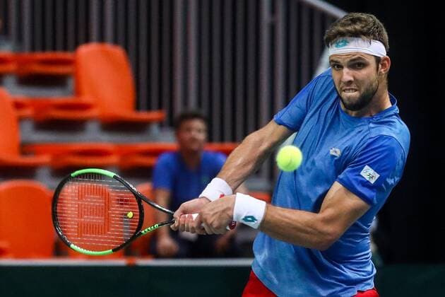 Zenica: Davis Cup, Bosnia and Herzegovina - Czech republic 15.09.2019., Husejin Smajlovic City Arena, Zenica, Bosnia and Herzegovina - Davis Cup meeting between Bosnia and Herzegovina and the Czech Republic.. Tennis match Mirza Basic - Jiri Vesely. Jiri Vesely Bosnia and Herzegovina, Zenica  ArminxDurgut PIXSELL