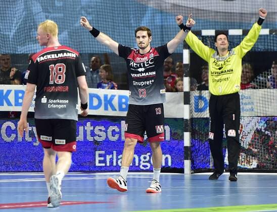 15 09 2019 Handball 1 Bundesliga DKB HBL Season 2019 2020 05 Matchday HC Erlangen Metropolregion Nürnberg HCE TBV Lemgo Lippe OGo Sebastian Firnhaber 18, HC Erlangen HCE Michael Haaß Haass 13, HC Erlangen HCE Carsten Lichtlein 1, HC Erlangen HCE Jubel Freude