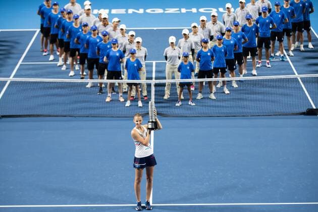 ZHENGZHOU, CHINA - SEPTEMBER 15: Karolina Pliskova of Czech Republic celebrates with the champion trophy after the singles final match against Petra Martic of Croatia on day seven of Zhengzhou Open 2019 at Zhongyuan Tennis Training Base Management Center on September 15, 2019 in Zhengzhou, Henan Province of China.  Copyright: xVCGx CFP111249295825 