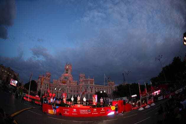 (L-R) Spanish rider Alejandro Valverde of Movistar Team, second position; Slovenian rider Primoz Roglic of Jumbo-Visma, first position; and Slovenian rider Tadej Pogacar of UAE Emirates, third position, celebrate on the podium at the end of Vuelta a Espana cycling race, after the 21st and last stage of over 106.6km from Fuenlabrada to Madrid, Spain, 15 September 2019. Last stage of the Vuelta !ACHTUNG: NUR REDAKTIONELLE NUTZUNG!  Copyright: xJavierxLizonx GRAF3150 20190915-637041791096504913