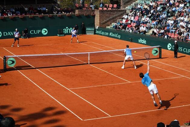 Dominican players Nick Hardt and Víctor Estrella (Top) in action against Uruguayans Martin Cuevas and Pablo Cuevas (down) during a doubles match for Group I of the American Zone of the Davis Cup, in Montevideo, Uruguay, 15 September 2019. Uruguay vs. Dominican Republic !ACHTUNG: NUR REDAKTIONELLE NUTZUNG!  Copyright: xRaúlxMartínezx AME7797 20190915-637041793028164802