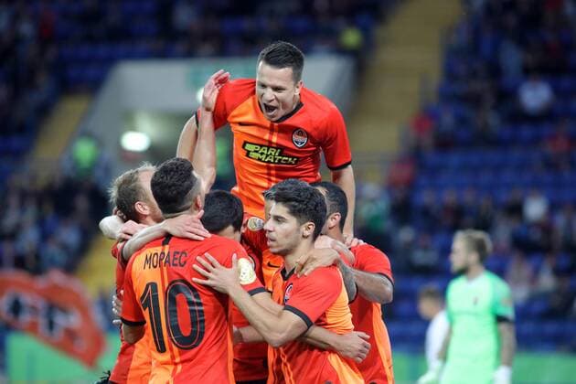 Players of FC Shakhtar Donetsk celebrate upon scoring during the Ukrainian Premier League Matchday 7 game against FC Zorya Luhansk at the Metalist Stadium Regional Sports Complex, Kharkiv, northeastern Ukraine, September 14, 2019. Ukrinform. UPL: Shakhtar 4-3 Zorya  Copyright: xVyacheslavxMadiyevskyyx
