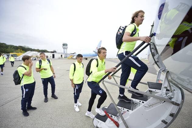 Genk s Ianis Hagi, Genk s Sander Berge and Genk s goalkeeper Gaetan Coucke pictured before the departure of Belgian soccer team RC Genk, Monday 16 September 2019 in Maastricht, The Netherlands. RC Genk plays Tomorrow against Austrian club RB Salzburg in the group stage of the UEFA Champions League. YORICKxJANSENS  x05663285x
