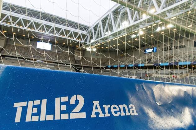 190916 Sign behind template with the text Tele2 Arena for the football match in Allsvenskan between Djurgarden and Helsingborg, September 16, 2019 in Stockholm,  Copyright: ANDREASxLxERIKSSON BB190916AE001
