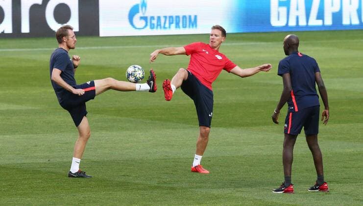 RB Leipzig Training Fussball Champions League Lisbon, 16 09 2019, Est‡dio da Luz, Fussball, UEFA Champions League, Gruppe G, 1 Spieltag , Benfica Lisbon vs RB Leipzig , Final training on the day before the match , Im Bild Sportpsychologe Max Pelka RB Leipzig , Trainer Julian Nagelsmann, RB Leipzig, Teammanager Babacar N Diaye RB Leipzig , UEFA regulations prohibit any use of photographs as image sequences and or quasi video