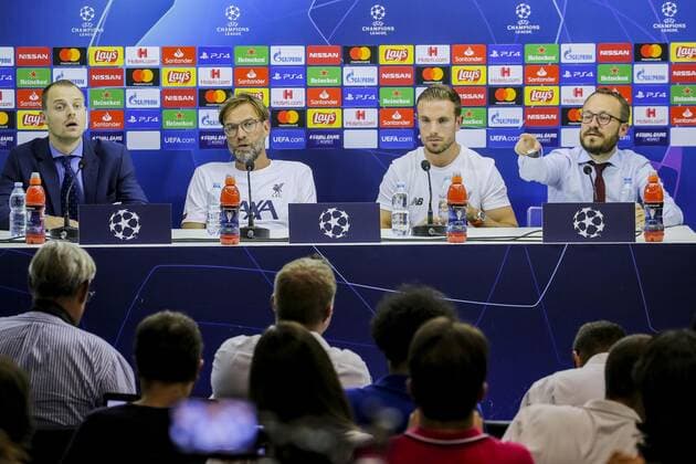 Italy: press conference, PK, Pressekonferenz Champions League Liverpool Napoli, Campania, Italy, 09-16-19 Press Conference on the eve of the Champions League match SSC Napoli - Liverpool FC in picture Jurgen Klopp coach Liverpool FC and Jordan Henderson midfielder of Liverpool FC (Antonio Balasco - Pacific Press ) Naples Campania Italy Napoli  AntonioxBalascox xPacificxPress
