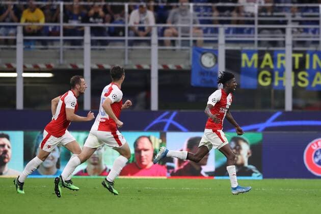 Peter Olayinka of Slavia Prague celebrates after scoring to give the side a 1-0 lead during the UEFA Champions League match at the San Siro, Milan. Picture date: 17th September 2019. Picture credit should read: Jonathan Moscrop Sportimage EDITORIAL USE ONLY. No use with unauthorised audio, video, data, fixture lists, club league logos or live services. Online in-match use limited to 120 images, no video emulation. No use in betting, games or single club league player publications. SPI-0207-0012