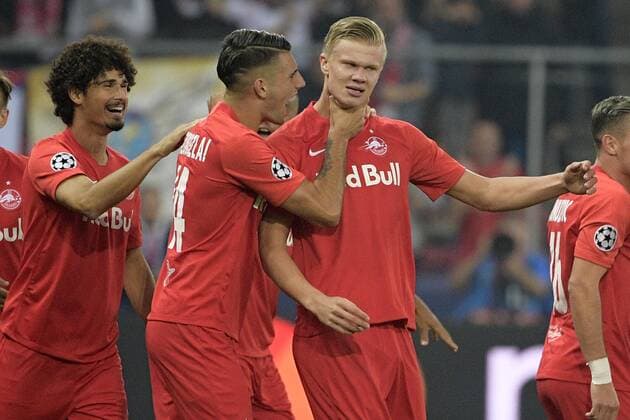 Salzburg s Erling Braut Haland celebrates after scoring during a game between Austrian club RB Salzburg and Belgian RC Genk, Tuesday 17 September 2019 in Salzburg, Austria, first match in the group stage of the UEFA Champions League. YORICKxJANSENS  x05665881x