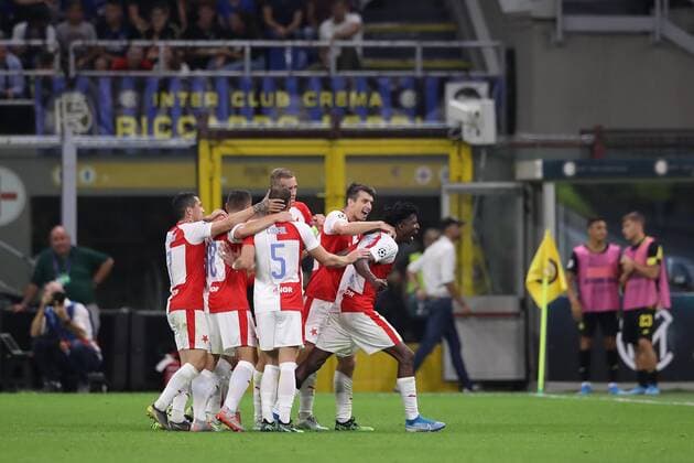 Peter Olayinka of Slavia Prague celebrates after scoring to give the side a 1-0 lead during the UEFA Champions League match at the San Siro, Milan. Picture date: 17th September 2019. Picture credit should read: Jonathan Moscrop Sportimage EDITORIAL USE ONLY. No use with unauthorised audio, video, data, fixture lists, club league logos or live services. Online in-match use limited to 120 images, no video emulation. No use in betting, games or single club league player publications. SPI-0207-0034