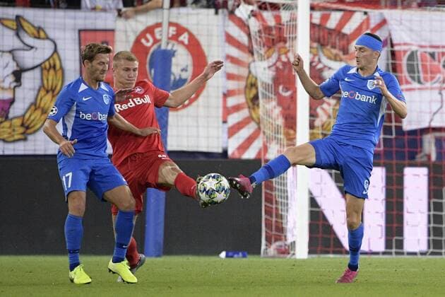 Genk s Patrik Hrosovsky, Salzburg s Rasmus Nissen Kristensen and Genk s Bryan Heynen fight for the ball during a game between Austrian club RB Salzburg and Belgian RC Genk, Tuesday 17 September 2019 in Salzburg, Austria, first match in the group stage of the UEFA Champions League. YORICKxJANSENS  x05665925x