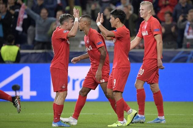 Salzburg s Hwang Hee-chan celebrates after scoring during a game between Austrian club RB Salzburg and Belgian RC Genk, Tuesday 17 September 2019 in Salzburg, Austria, first match in the group stage of the UEFA Champions League. YORICKxJANSENS  x05665950x