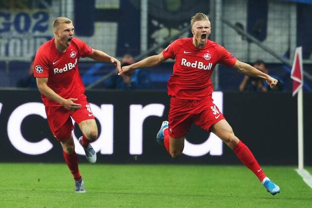 SOCCER - CL, RBS vs Genk SALZBURG,AUSTRIA,17.SEP.19 - SOCCER - UEFA Champions League, group stage, Red Bull Salzburg vs KRC Genk. Image shows the rejoicing of Rasmus Kristensen and Erling Braut Haaland (RBS). GEPAxpictures xMathiasxMandl