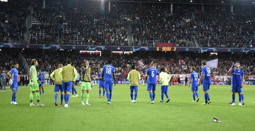 Sebastien Dewaest defender of Genk and Sander Berge midfielder of Genk disappointed after loosing the game FOOTBALL : RB Salzbourg vs Racing Genk - UEFA Ligue des Champions - Salzbourg - 17 09 2019 PhotoNews Panoramic 