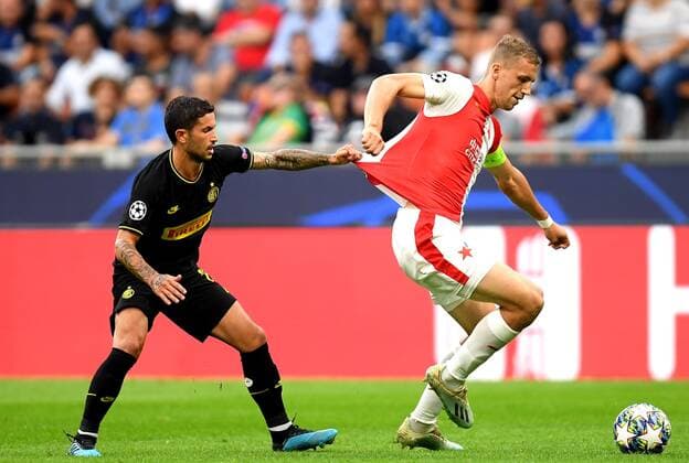 (190918) -- MILAN, Sept. 18, 2019 -- Stefano Sensi (L) of Inter Milan vies with Tomas Soucek of Slavia Praha during the Group F match at the 2019-2020 UEFA Champions League in Milan, Italy, Sept. 17, 2019. ) (SP)ITALY-MILAN-SOCCER-UEFA CHAMPIONS LEAGUE-INTER MILAN VS SLAVIA PRAGUE DanielexMascolo 