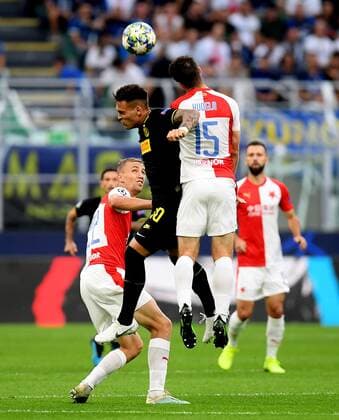 (190918) -- MILAN, Sept. 18, 2019 -- Lautaro Martinez (top L) of Inter Milan vies with Ondrej Kudela (top R) of Slavia Praha during the Group F match at the 2019-2020 UEFA Champions League in Milan, Italy, Sept. 17, 2019. ) (SP)ITALY-MILAN-SOCCER-UEFA CHAMPIONS LEAGUE-INTER MILAN VS SLAVIA PRAGUE DanielexMascolo 