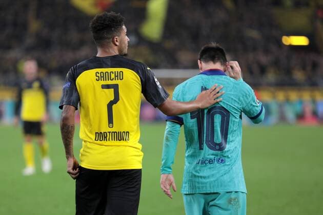 17 09 2019, Football, UCL Season 2019 2020, UEFA Champions League, 1 Matchday Borussia Dortmund FC Barcelona v l Jadon Sancho Borussia Dortmund , Lionel Messi FC Barcelona Dortmund Signal Iduna Park NRW Germany xRHR FOTO DEx