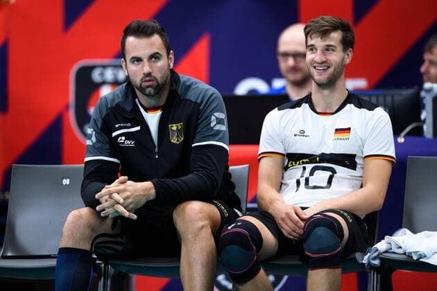 18 09 2019, Lotto Arena, Antwerp Volleyball, European Championship, Germany GER vs Slovakia SVK Georg Grozer 9 GER , Julian Zenger 10 GER