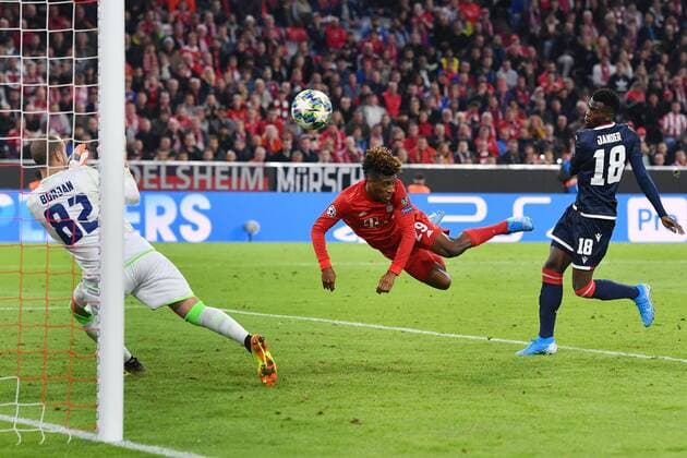 Kingsley COMAN Bayern Munich goal by head, Kopballtor against Milan BORJAN Goalkeeper Belgrade and JANDER Belgrade FC Bayern Munich Red Star Belgrade Football Champions League, Group B, Group Phase, 1 matchday, 18 09 2019 A L L I A N Z A R E N A DFL REGULATIONS PROHIBIT ANY USE OF PHOTOGRAPHS AS IMAGE SEQUENCES AND OR QUASI VIDEO