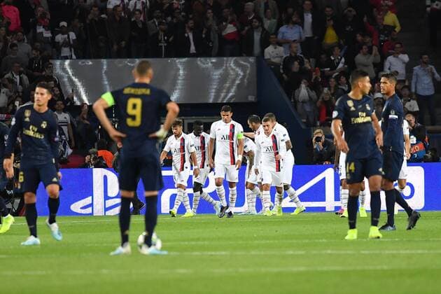 PSG players celebrate the second goal in the Champions League Group A match between PSG and Real Madrid on 18 September 2019 at Parc des Princes.  JulienxMattiax xLexPictorium LePictorium_0214264