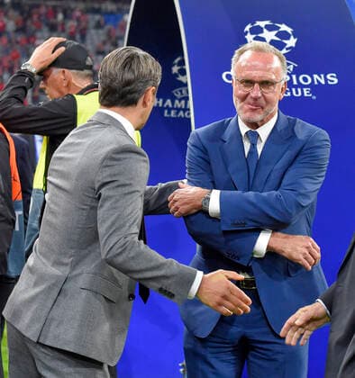 18 09 2019, Football UEFA Champions League 2019 2020, Group stage, 1 matchday, FC Bayern Munich Red Star Belgrade, in the Allianz Arena Munich, v l Coach Niko Kovac FC Bayern Munich and CEO Karl Heinz Rummenigge FC Bayern Munich meet DFL and DFB regulations prohibit any use of photographs as image sequences and or quasi video