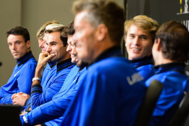 Sport Bilder des Tages September 19, 2019, Geneva, Switzerland: Members of Team Europe chat with the media prior to the Laver Cup tennis event in Geneva Switzerland. Tennis 2019: Laver Cup - ZUMAl132 20190919_zap_l132_005 Copyright: xChristopherxLevyx