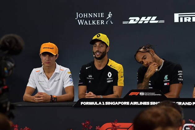 FORMULA 1 2019 SINGAPORE AIRLINES SINGAPORE GRAND PRIX 19 09 2019, Marina Bay Street Circuit, Singapore, FORMULA 1 2019 SINGAPORE AIRLINES SINGAPORE GRAND PRIX, pictured Lando Norris GBR 47 , McLaren F1 Team, Daniel Ricciardo AUS 3 , Renault F1 Team, Lewis Hamilton GB 44 , Mercedes AMG Petronas Motorsport nordphotoxBratic nph00250